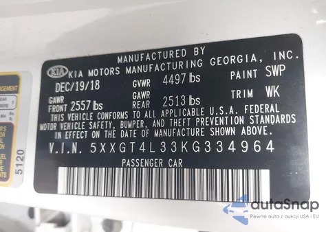 2019 Kia Optima Lx from USA, damaged, VIN 5XXGT4L33KG334964